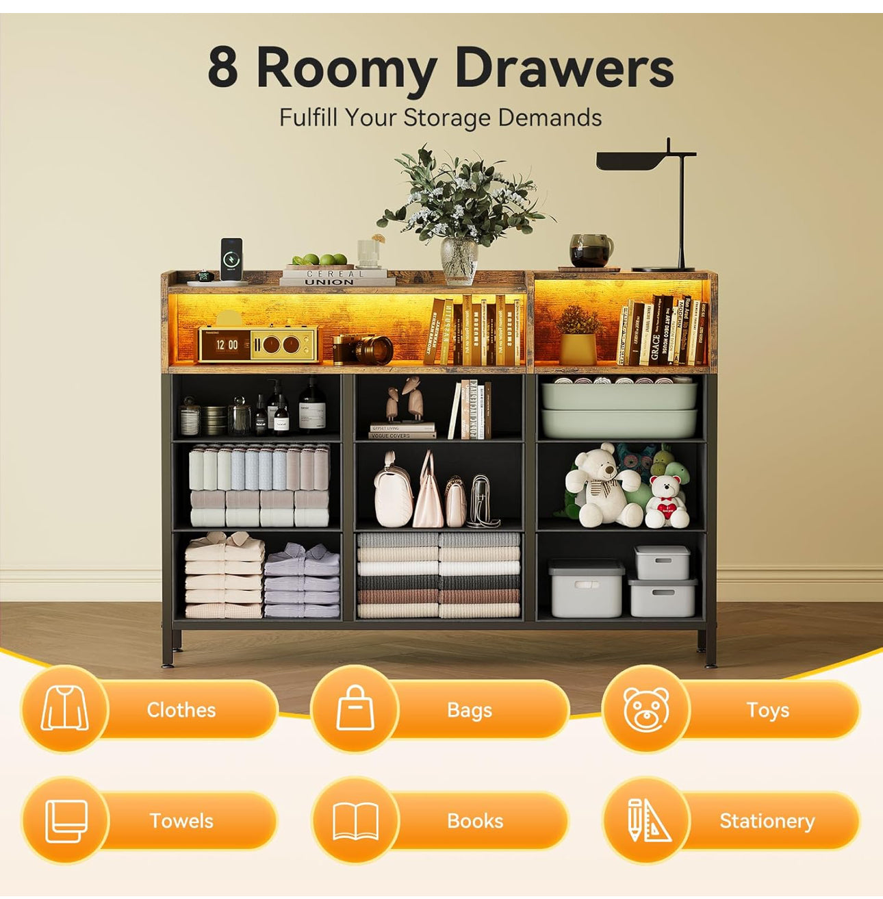 Chest of Drawers Bedroom, Dresser Cabinet with 2 Sockets,