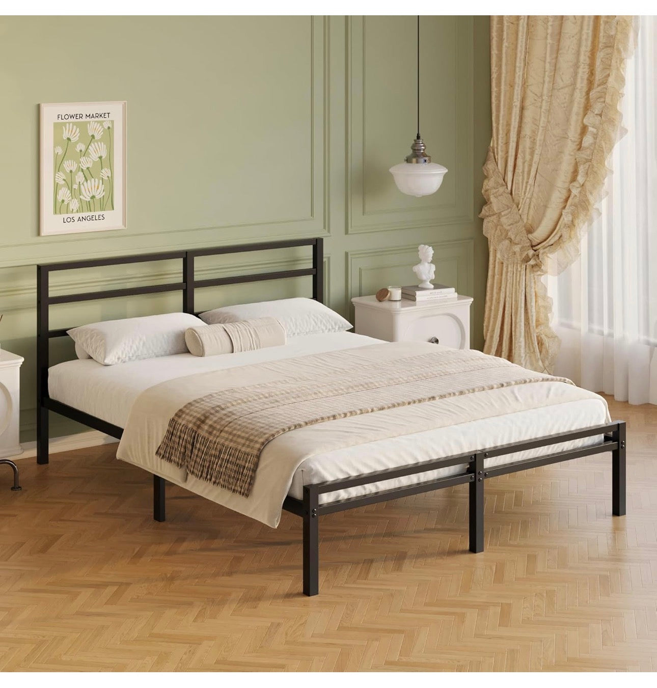 Metal Double Bed Frame with Headboard and Footboard | Fits 135 x 190 cm Mattress, Steel Slats Support, 30 cm Storage Space Underbed, Noise Free, Easy Assembly, Black