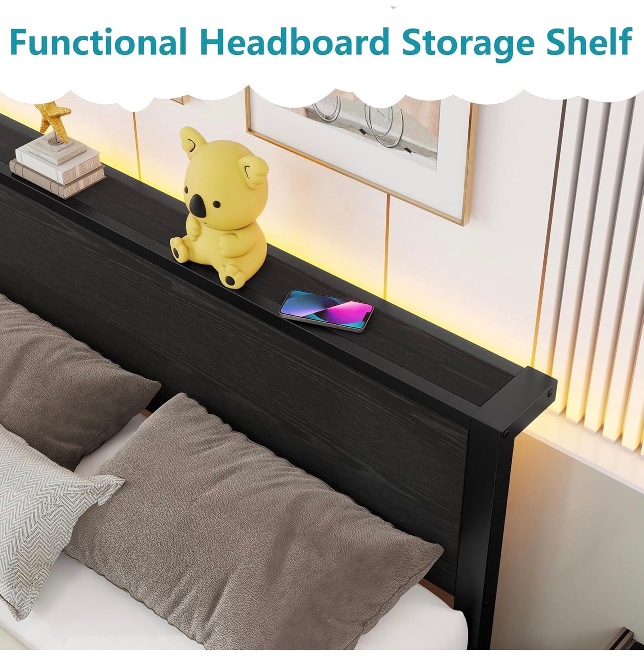 Double Bed Frame Metal Platform Bed Frame with Wood Headboard