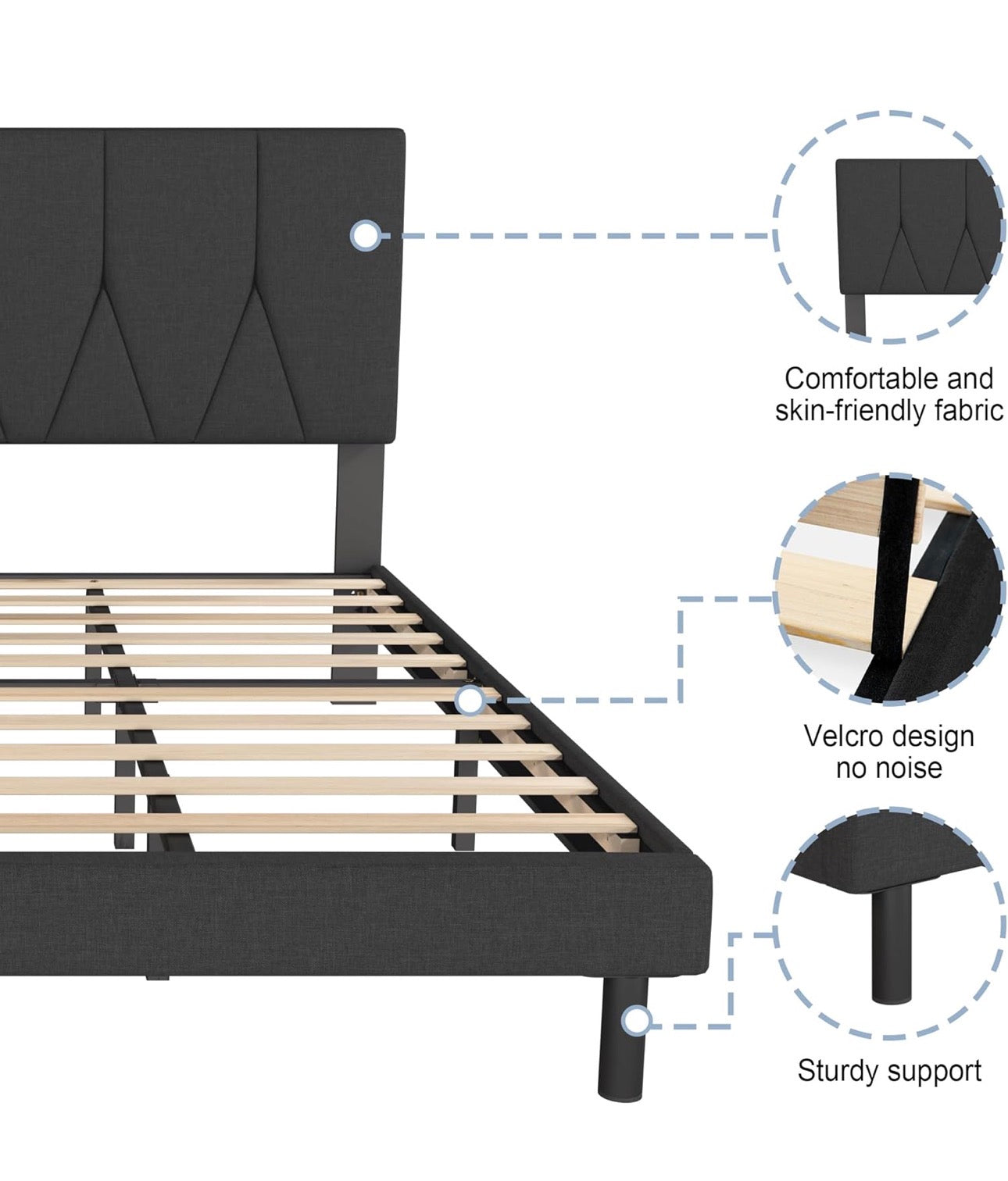 Double Bed Frame, Black, Upholstered Wooden Slat Bed Frame with Headboard