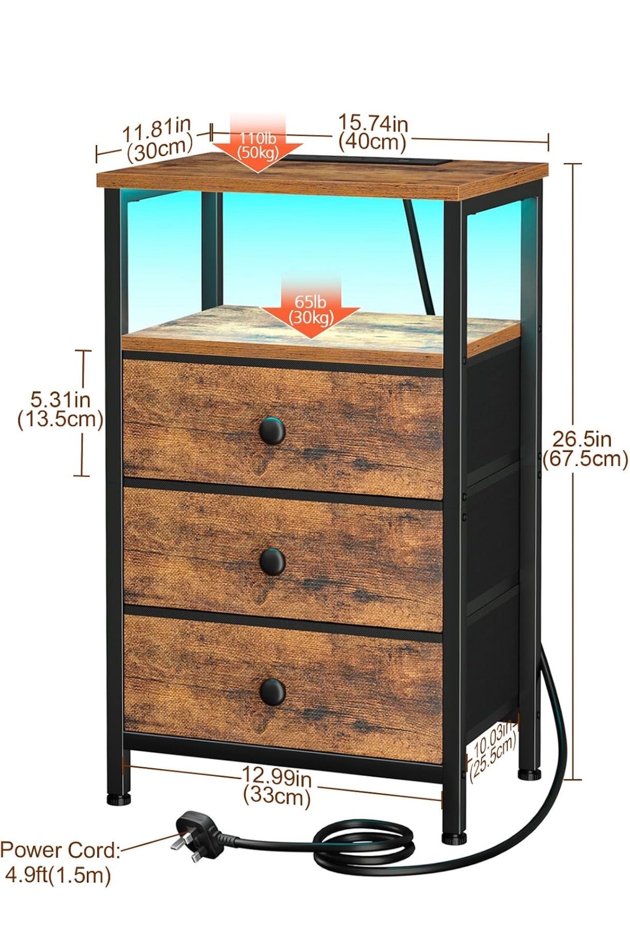Bedside Table with Charging Station, Side Table with 3 Drawers
Bedside Cabinet with LED Light and Open Storage Shelf, Sofa Table, Night Stand for Living Room, Bedroom,Brown