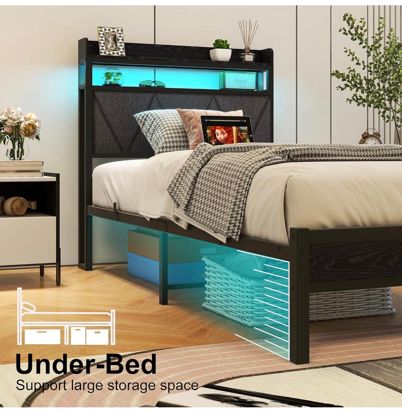 3ft Single Bed Frame with LED Lights Storage Upholstered Headboard and Charging Station