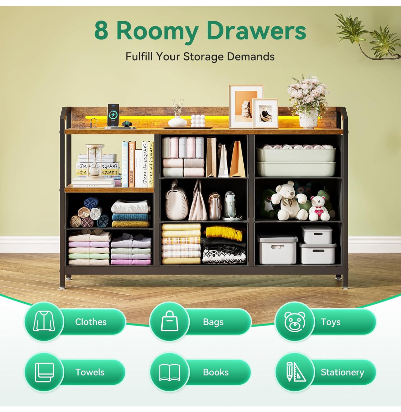 Chest of Drawers Bedroom, with LED Light trip with 10 Adjustable Colors and 2 USB and 2 AC Outlets