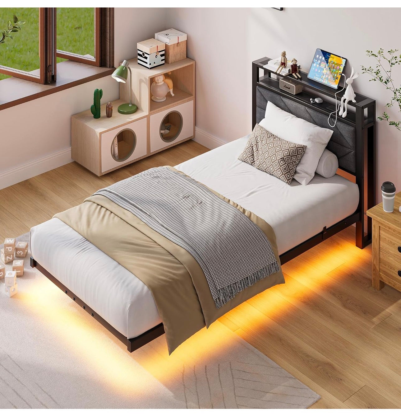 3ft Floating Single Bed Frame Upholstered Platform Bed with Storage Shelf Headboard,Charging Station/LED Lights,Metal Slat Support/Noise Free,No Box Spring Needed,90x190 Single Size,Black