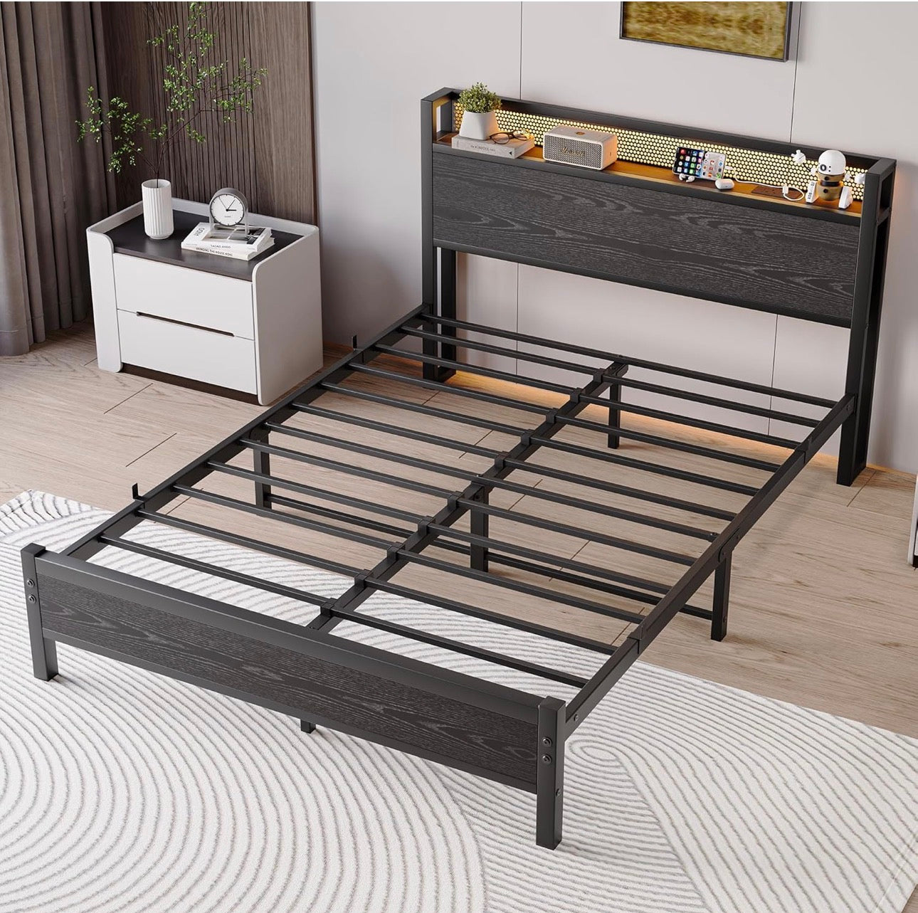 Double Bed Frame with LED Lights Storage Headboard,4ft6 Metal Bed Frame Double Bed with Charging Station