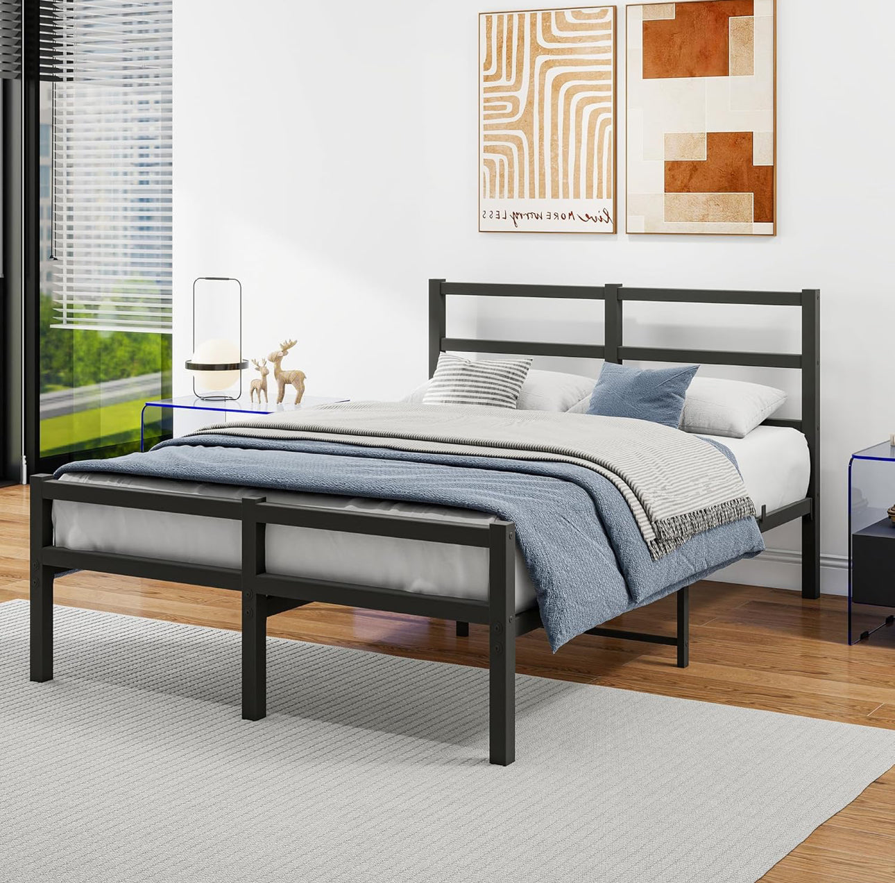 Double Bed Frame with Headboard Metal Platform Heavy Duty Steel Support