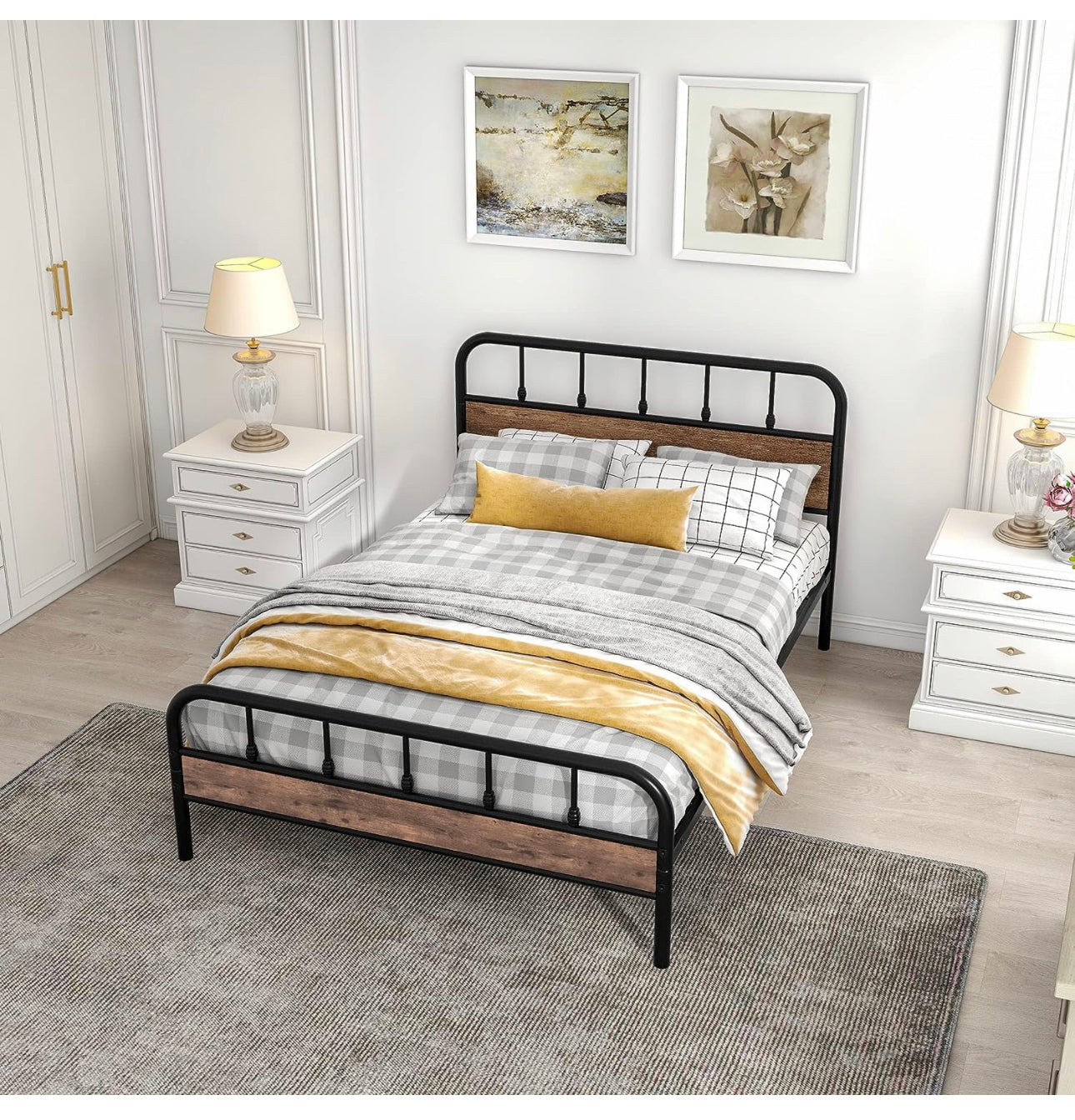 Double Size Metal Bed Frame with Wood Headboard