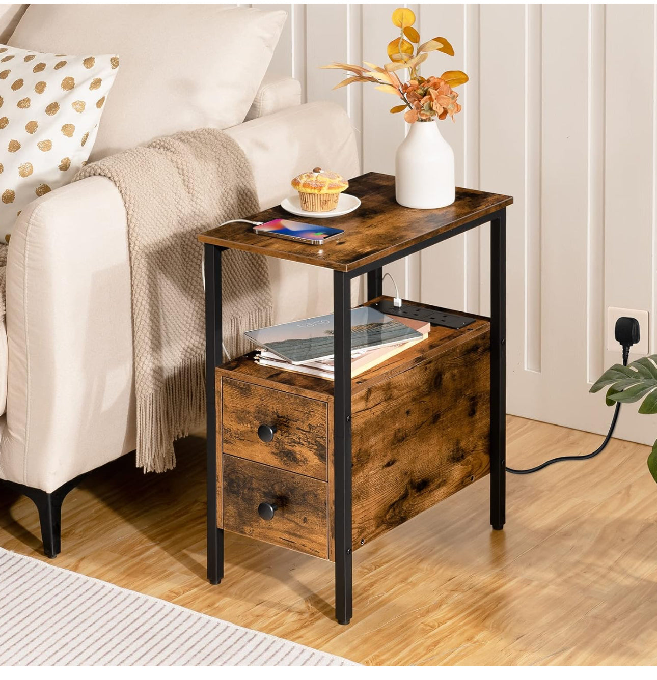 2 Bedside Tables, Side Table with Charging Station