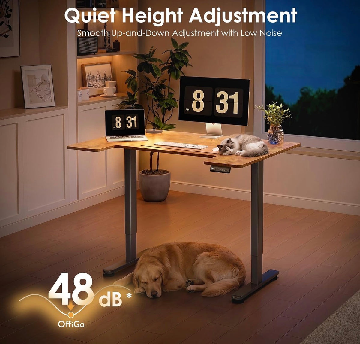 140×70cm Electric Sit Stand Desk, Ergonomic Wrap Around Computer Table, Ultra Quiet Motor for Home Office Living Room, Brown