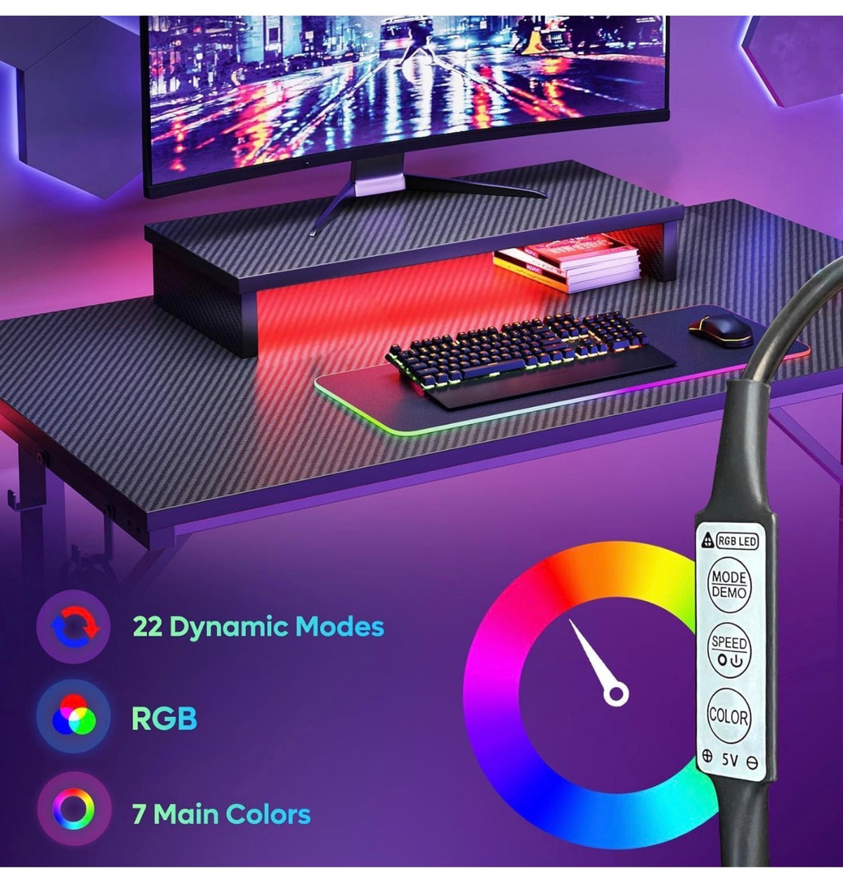 Gaming Desk 106.6 CM LED Computer Desk with Monitor Stand Gamer Workstation with Cup Holder & Headset Hooks for Home Office Bedroom Small Space