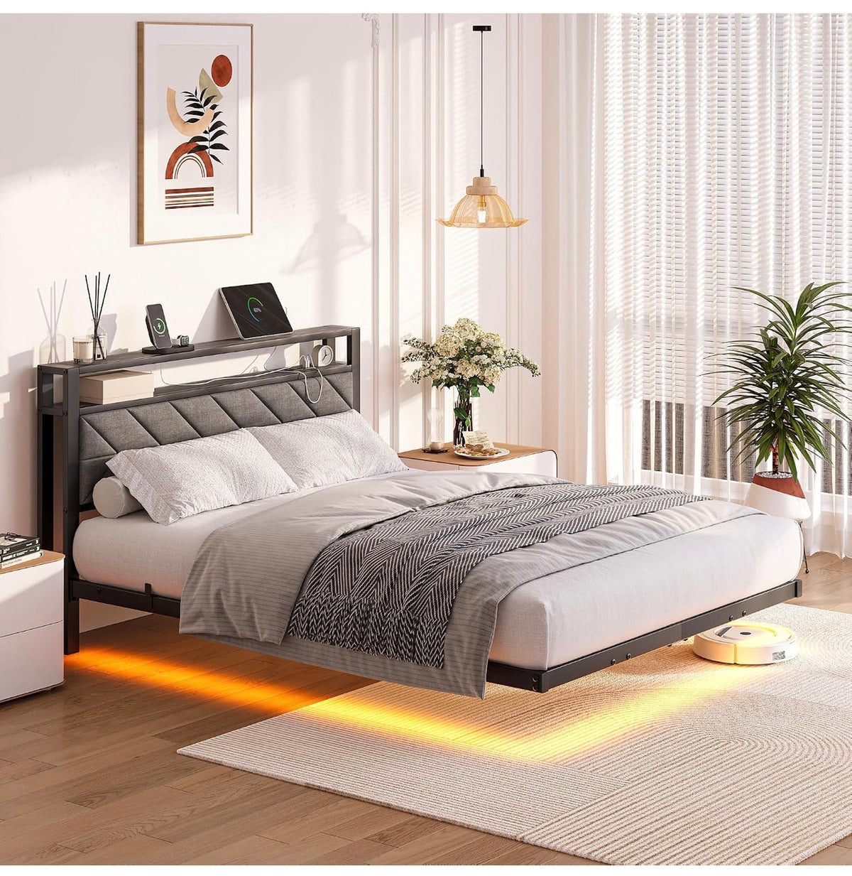 4ft6 Upholstered Floating Double Bed Frame Black, Storage Headboard
Metal Bed Frame with LED Lights and Charging Station, Heavy Duty Metal Slat Support, Noise Free, No Box Spring Needed