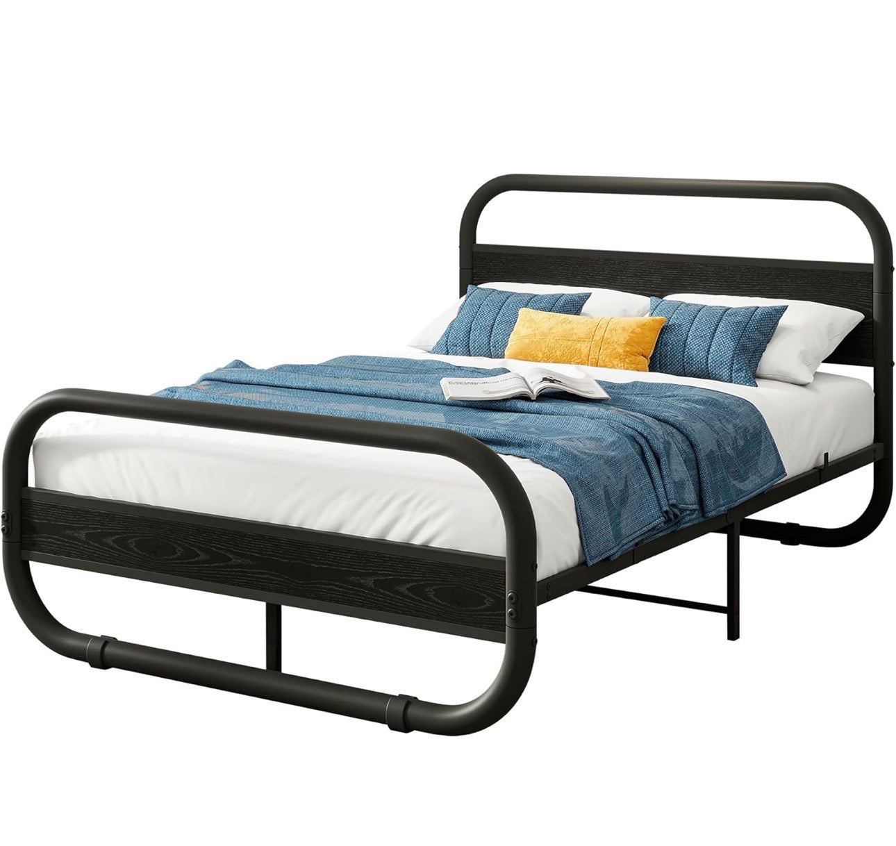 Double Size Bed Frame with Headboard,135x190 cm,Black | Oval-Shaped Platform Bed with Under-Bed Storage,Steel Slats Mattress Foundation Round Pipe Design,Enhanced Support Noise Free