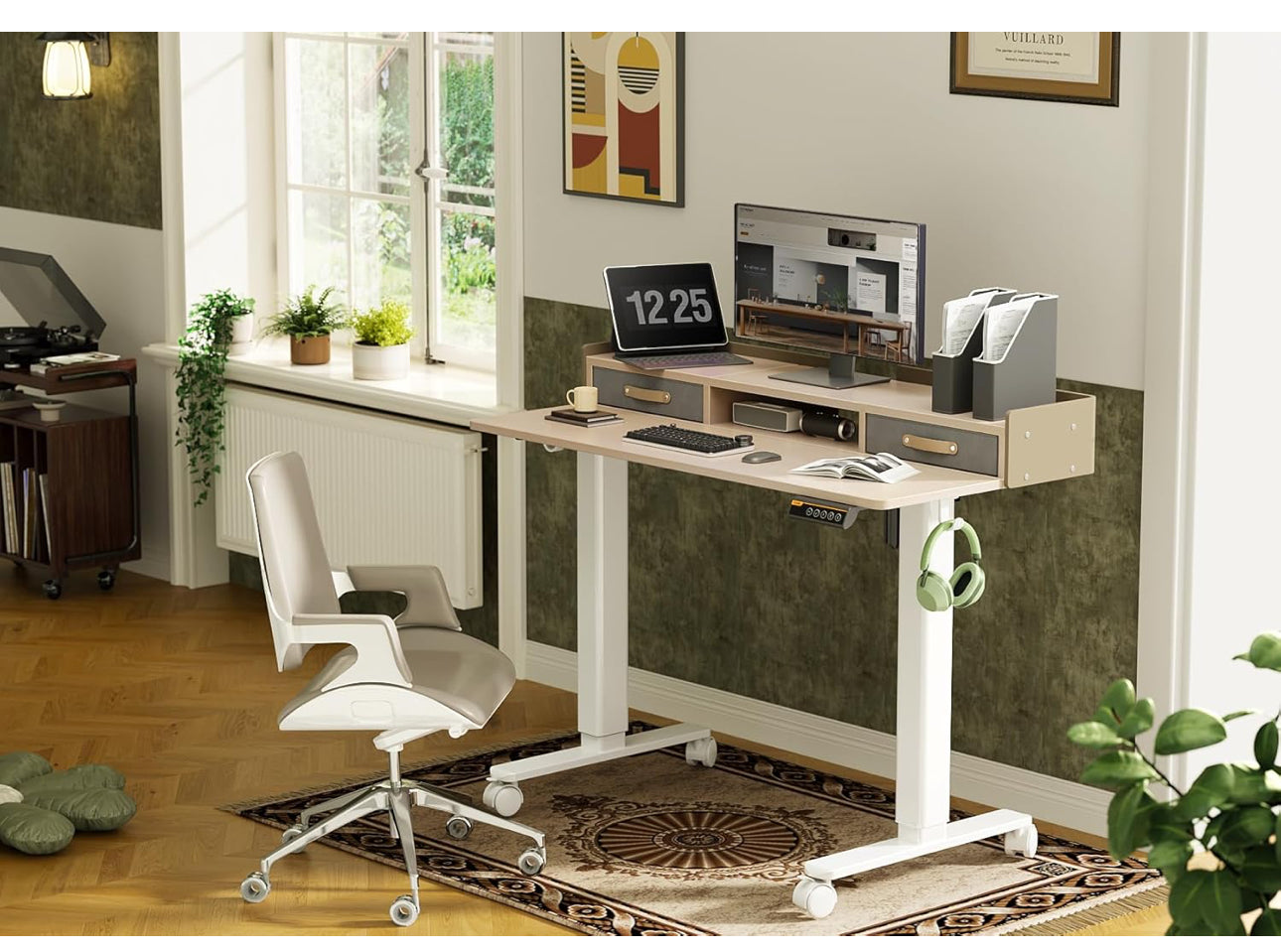 Electric Standing Desk with Drawers, 120x60cm Height Adjustable