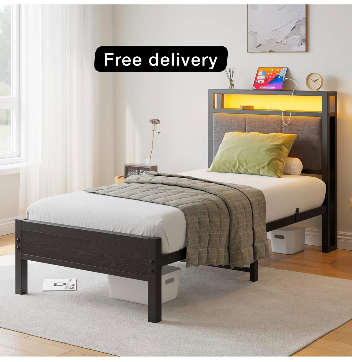 3FT Single Bed Frame with Storage Headboard, Black
Metal Single Bed with Upholstered Headboard, LED Lights and Charging Station, Heavy Duty Metal Slats Support,Easy Assembly