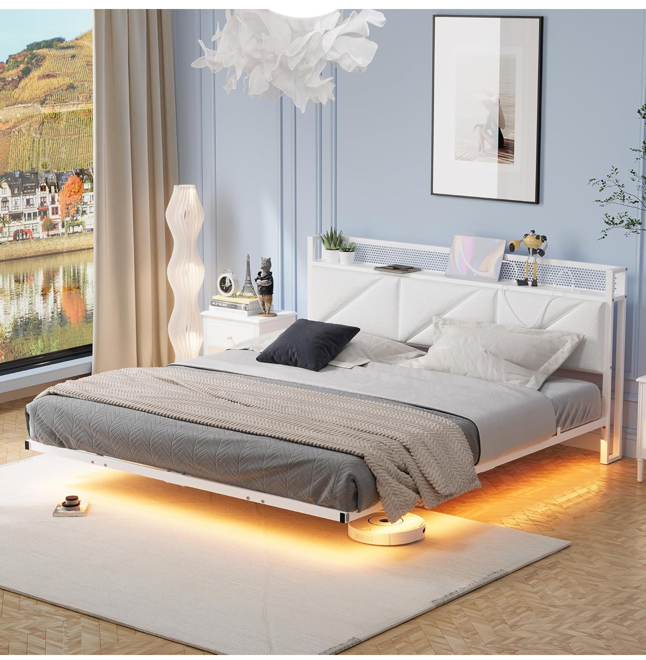 Floating King Bed Frame with LED Lights & USB Charging