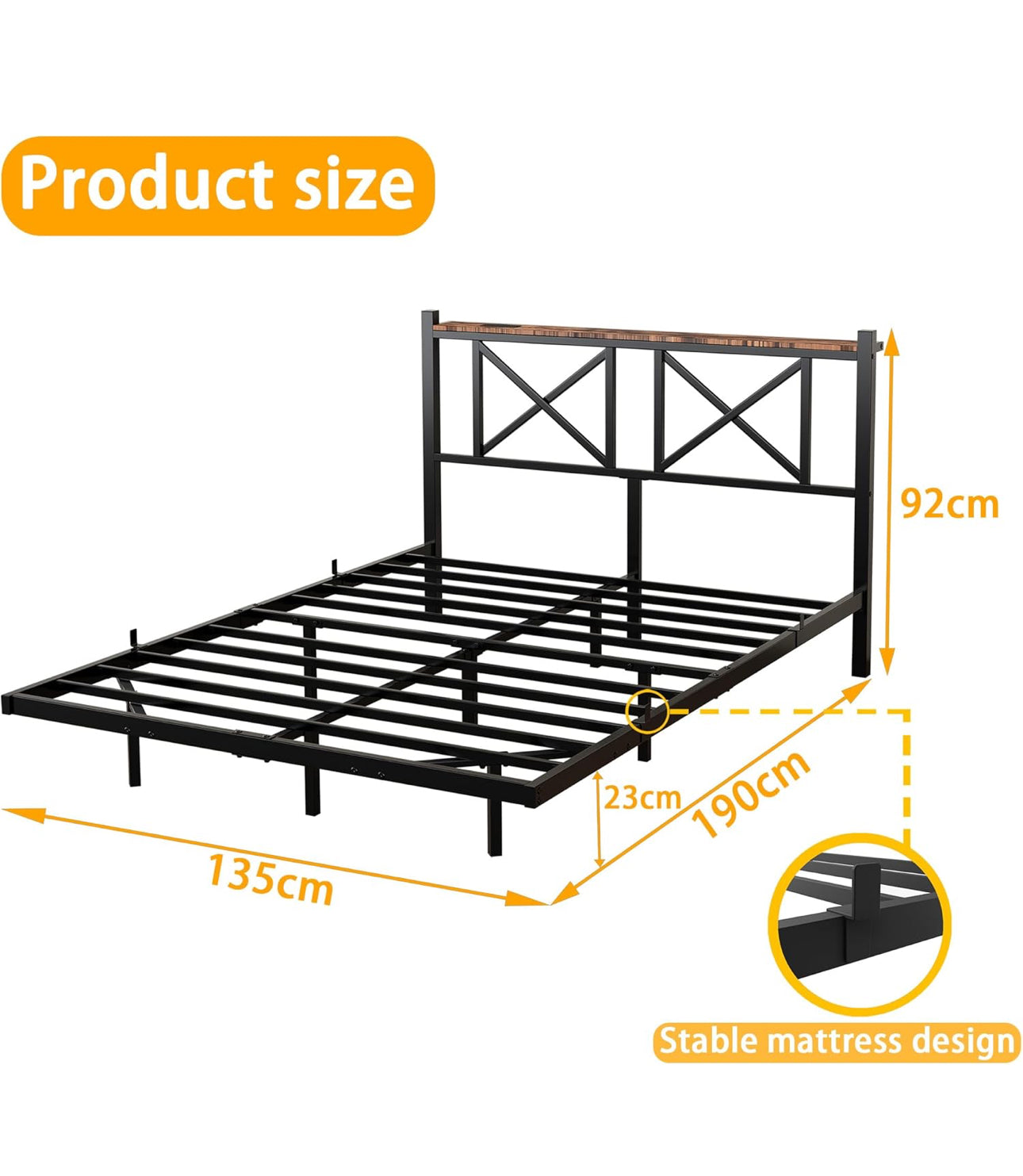 Double Floating Bed Frame with LED Lights and Charging Station