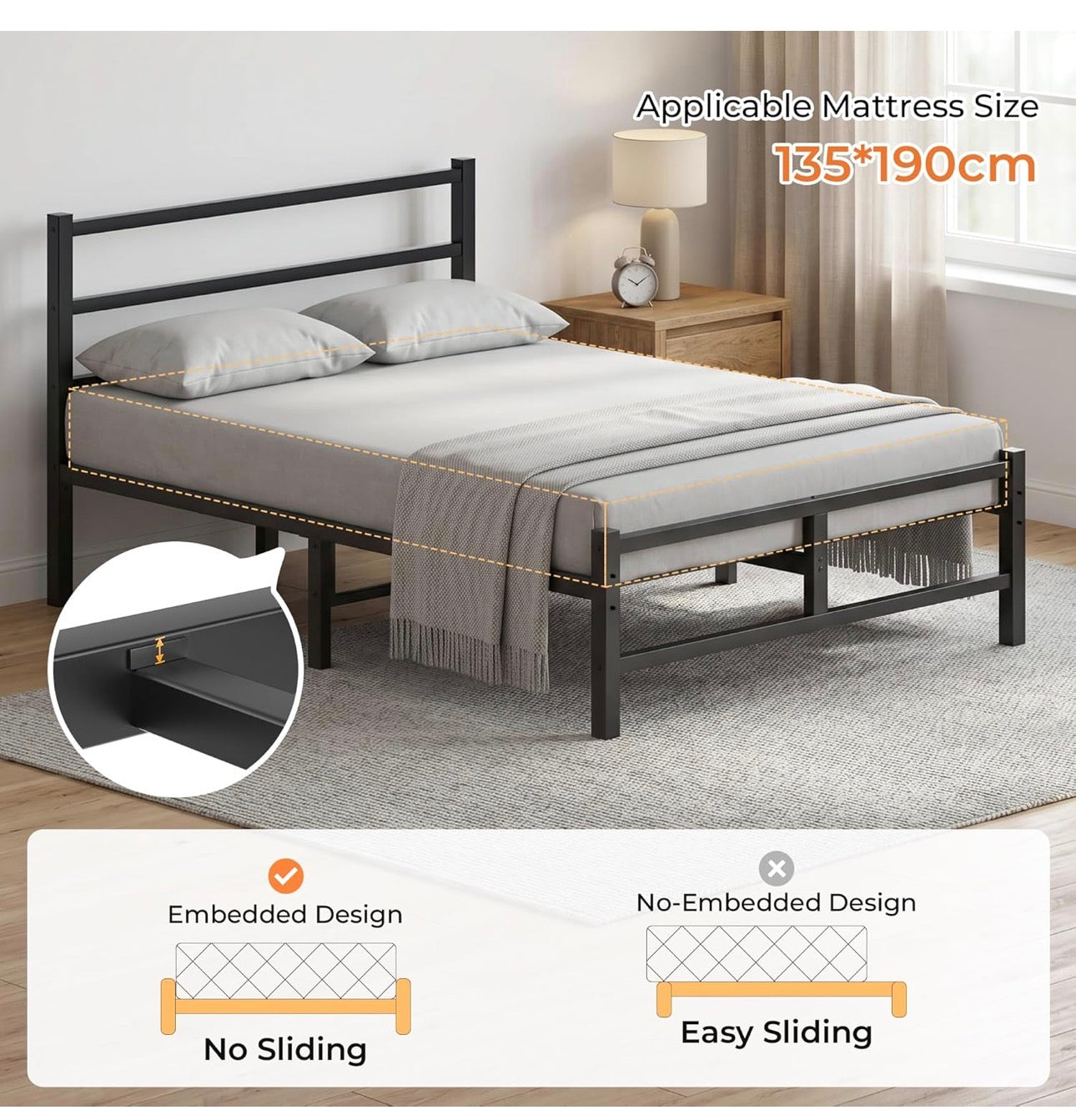 Double Bed Frame, 4ft6 All Metal Slats Support Platform Bed Frame with Under-Bed Storage Space, Easy Assembly, Noise Free, No Box Spring Needed, Black