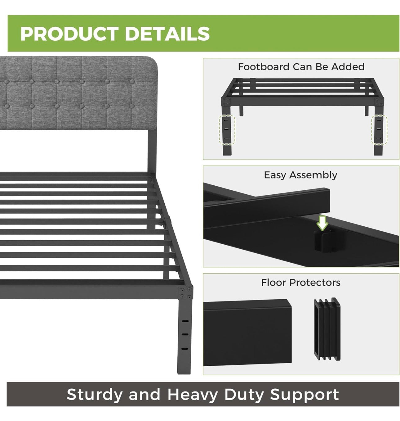 3ft Single Bed Frame with Upholstered Headboard and Footboard, 36cm High Metal Bed Frame Single 90x 190cm