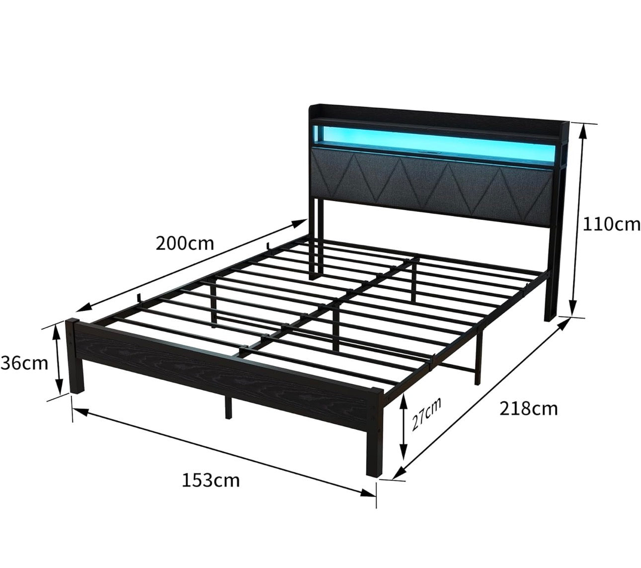 King Size Bed Frames with 5ft Upholstered Wooden Two-shelf Storage Headboard, Charging Station,LED Lights, 150x200 cm Heavy Duty Metal Platform Bed Kingsize,No Box Spring Needed,Grey
