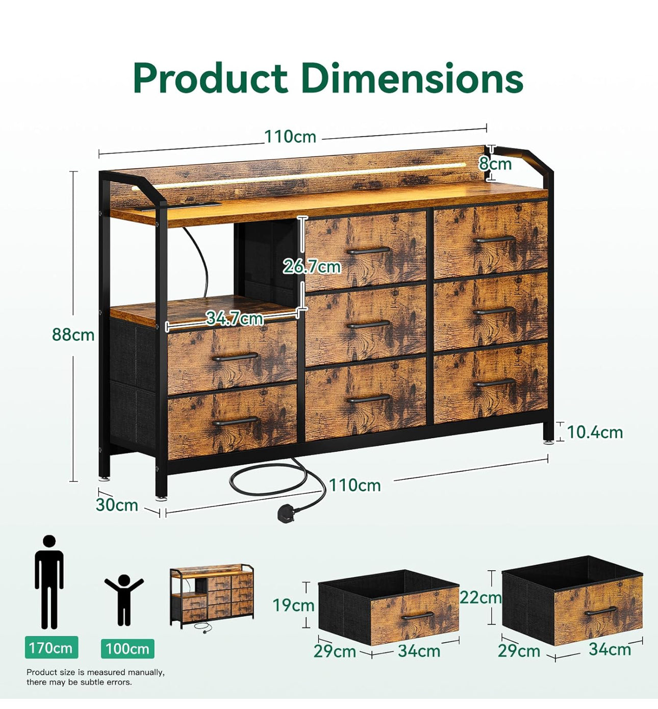 Chest of Drawers Bedroom, with LED Light trip with 10 Adjustable Colors and 2 USB and 2 AC Outlets