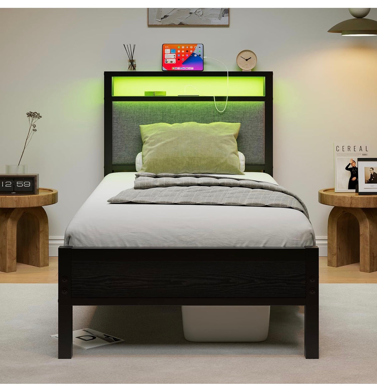 3FT Single Bed Frame with Storage Headboard, Black
Metal Single Bed with Upholstered Headboard, LED Lights and Charging Station, Heavy Duty Metal Slats Support,Easy Assembly