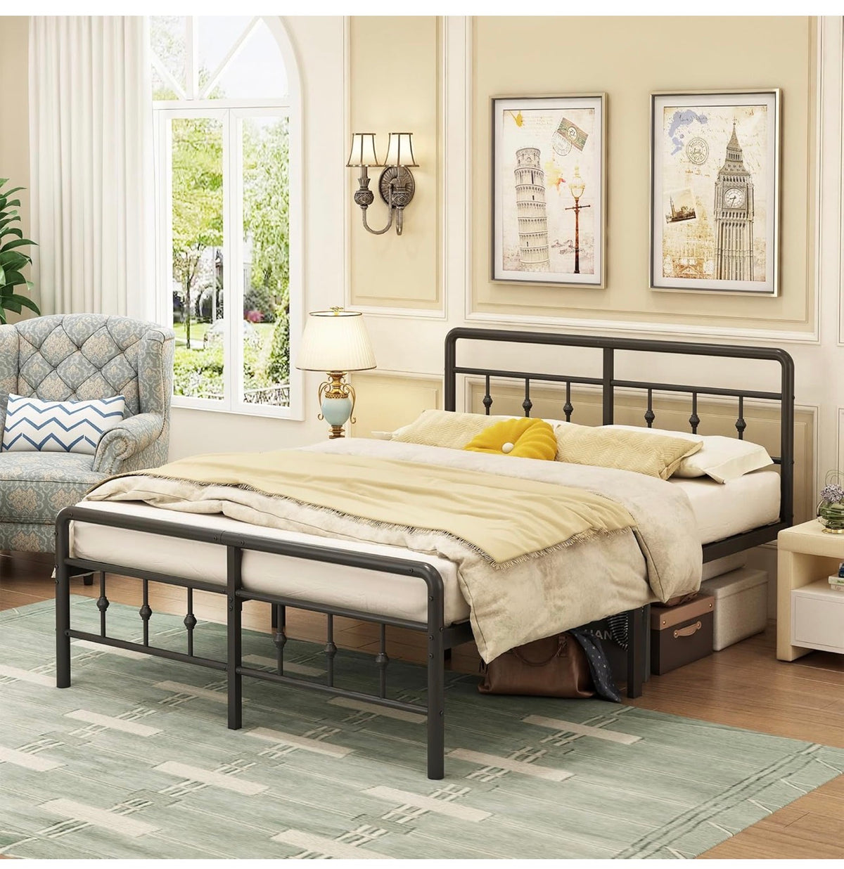 Small Double Bed Frame with Victorian Headboard, 120 x 190 cm, Black
Metal Slat Support, Vintage Style, Matching Footboard, 40cm Underbed Clearance, Easy Assembly, Noise Free
