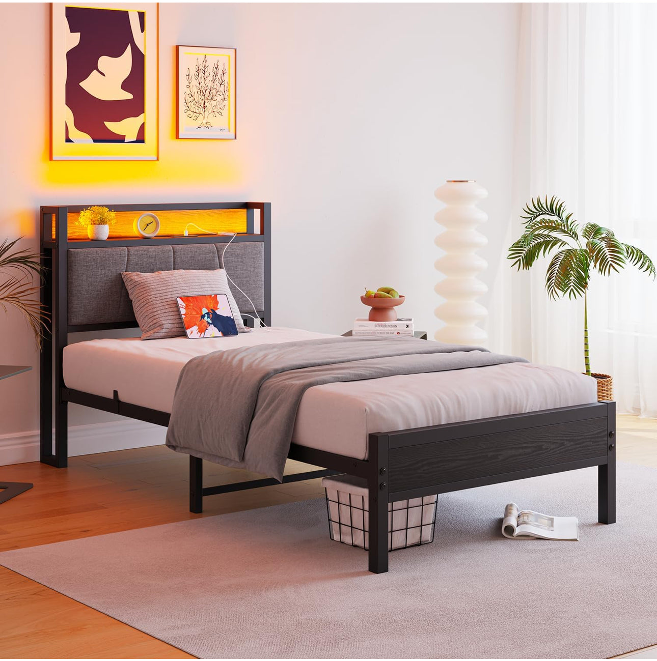 3ft Single Bed Frame with Storage Headboard,LED Lights,Metal Upholstered Platform Bed Frame with Charging Station