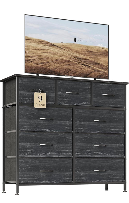 Chest of Drawers,Dresser for Bedroom with 9 Drawers,Fabric Dresser with Wood Top and Handles Metal Frame, Easy to Assemble, for Bedroom, Living room, Charcoal Black