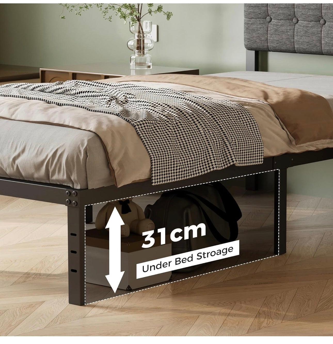 3ft Single Bed Frame with Upholstered Headboard and Footboard, 36cm High Metal Bed Frame Single 90x 190cm