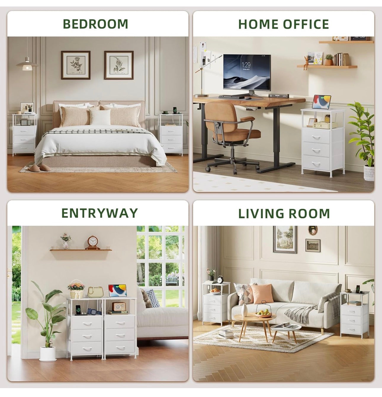 3 Drawers Chest of Drawers for Bedroom with Charging Station and LED Light, Bedside Table with 2 Outlets and 2 USB Ports, Bed Side Table Cabinet for Dorm Kids Room Closet, White Leather