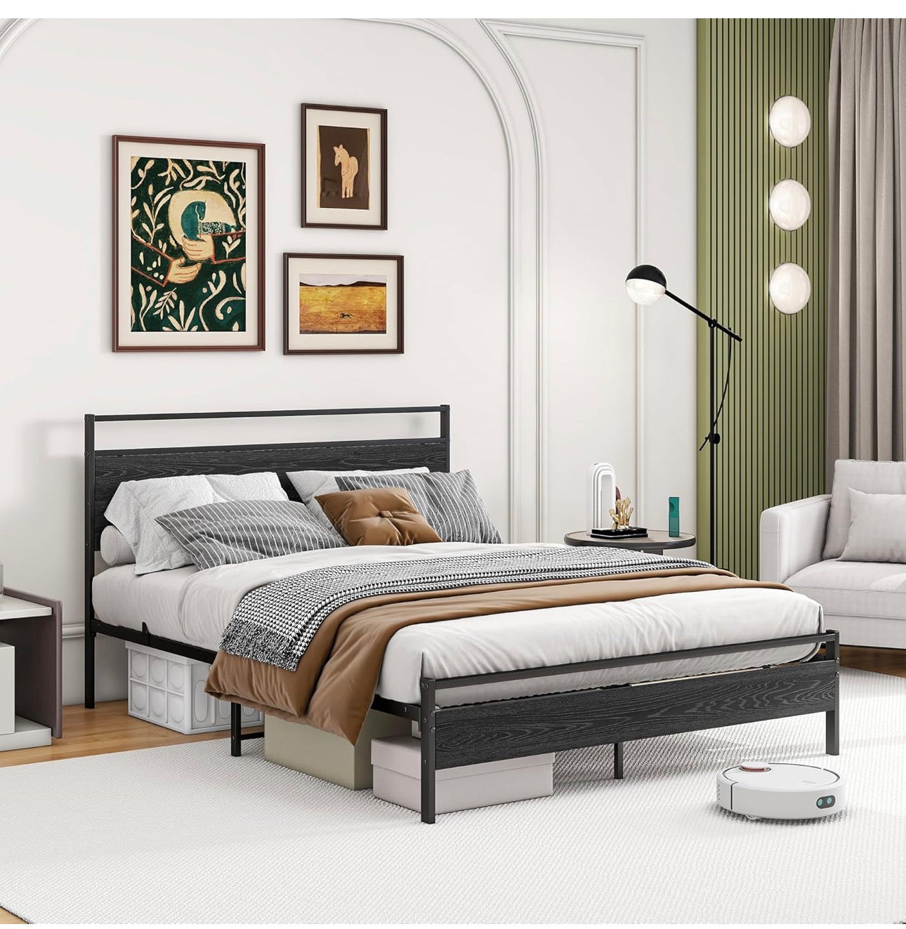 King Size Bed Frame with Wooden Headboard, Metal Bed Frame King size Bed Base/Mattress Foundation,Metal Slat Support Noise Free,Textured Black