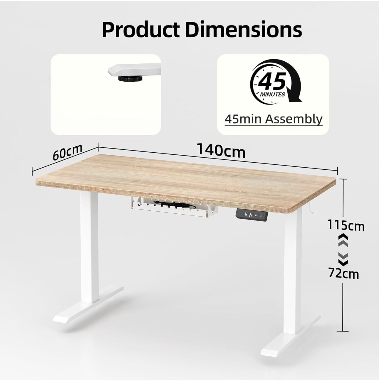 Height Adjustable Electric Standing Desk - 140x60 cm Stand Up Table Desk Thick Splice Board