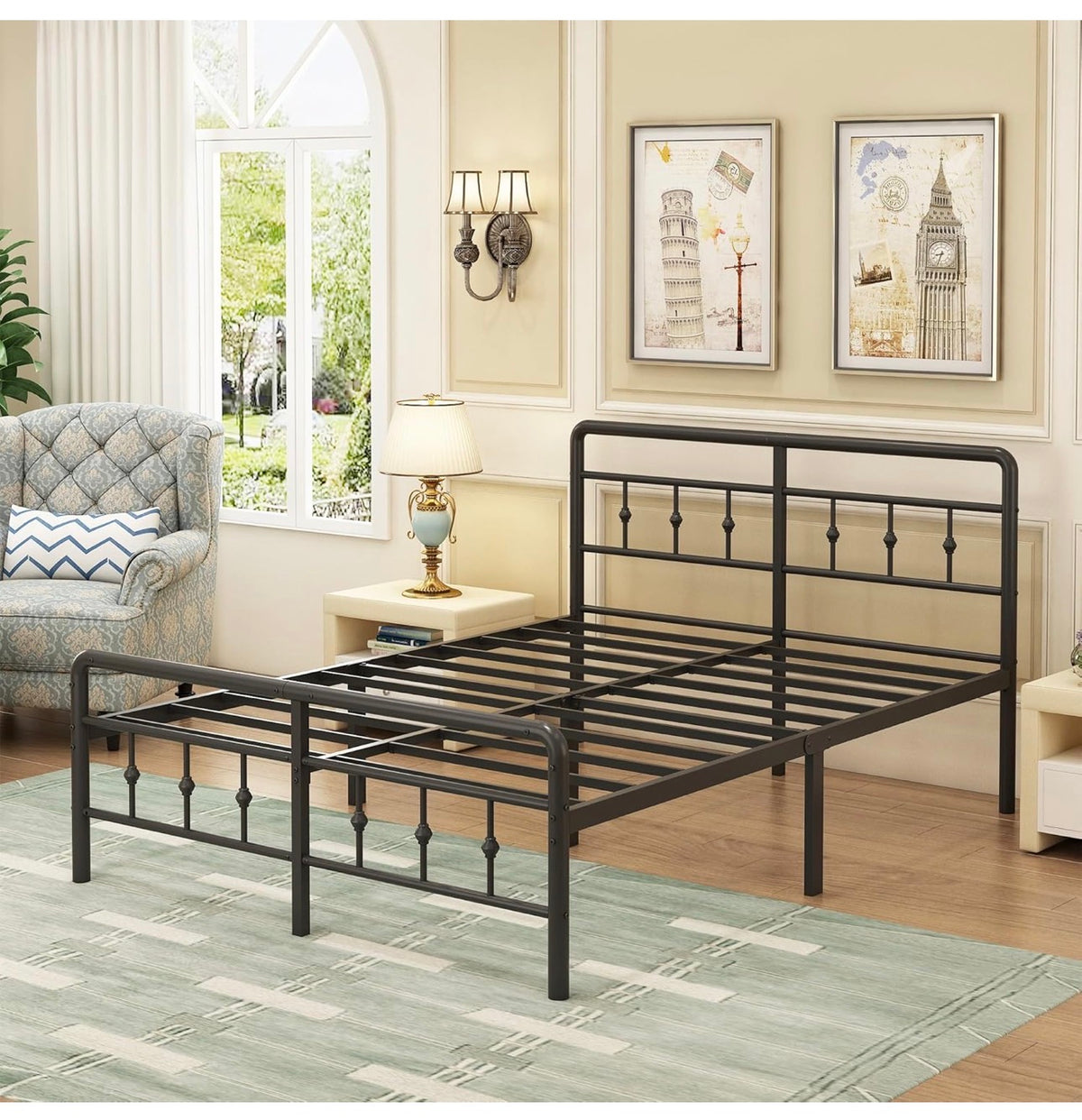 Small Double Bed Frame with Victorian Headboard, 120 x 190 cm, Black
Metal Slat Support, Vintage Style, Matching Footboard, 40cm Underbed Clearance, Easy Assembly, Noise Free