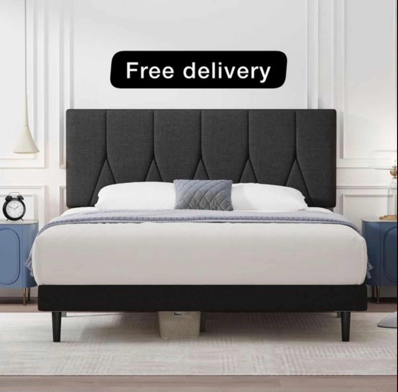 Double Bed Frame, Black, Upholstered Wooden Slat Bed Frame with Headboard