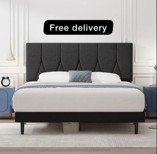 Double Bed Frame, Black, Upholstered Wooden Slat Bed Frame with Headboard