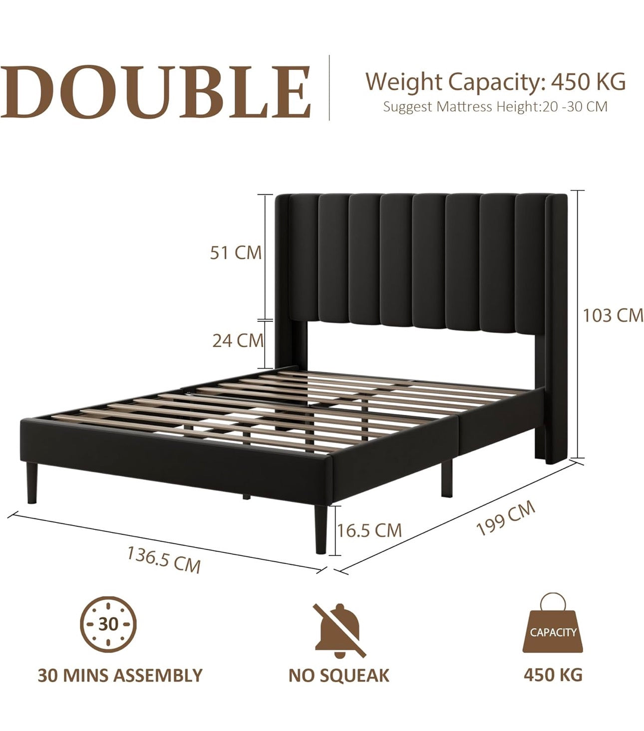 Double Bed Frame with Headboard, Vertical Channel Tufted