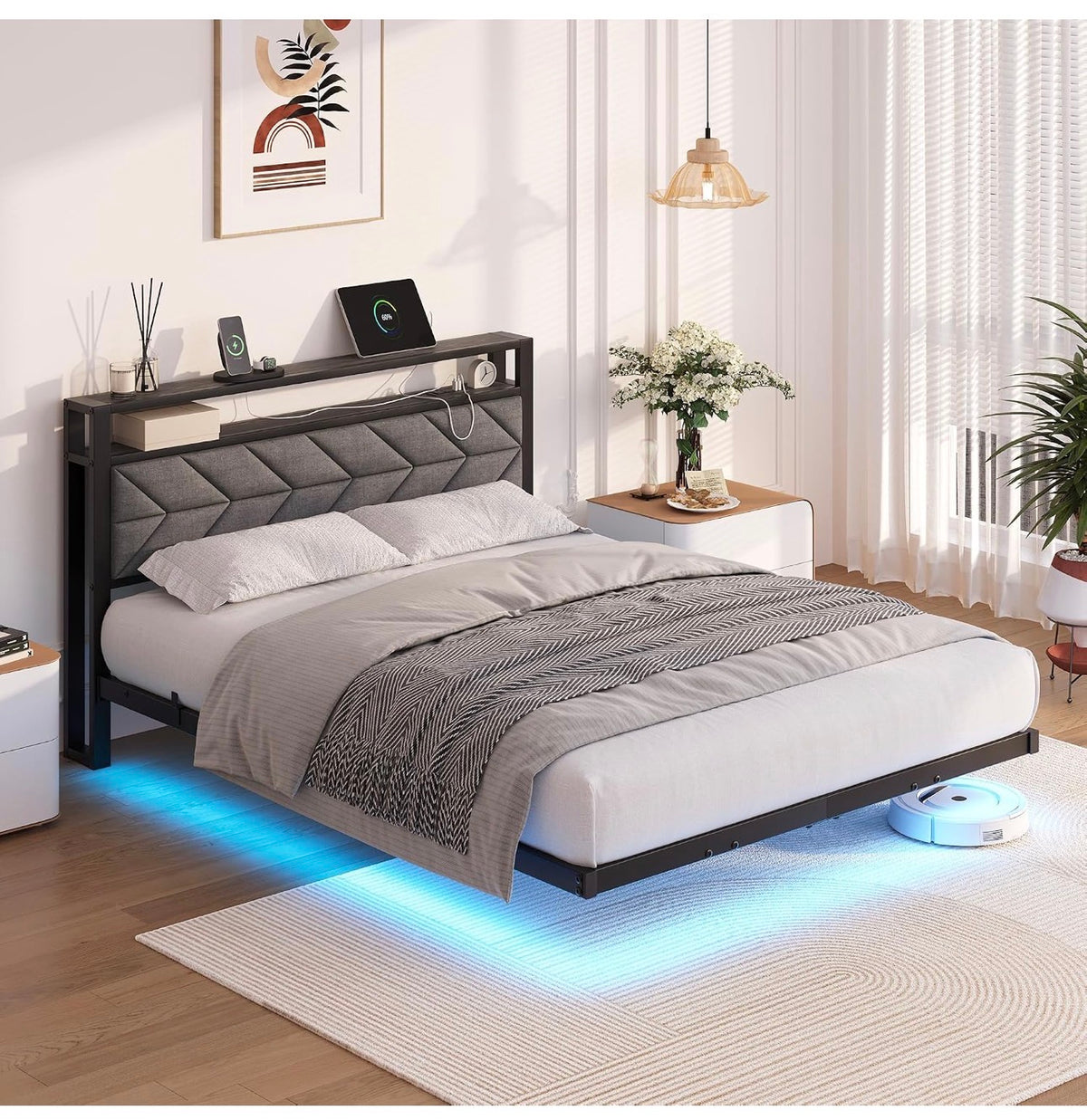 4ft6 Upholstered Floating Double Bed Frame Black, Storage Headboard
Metal Bed Frame with LED Lights and Charging Station, Heavy Duty Metal Slat Support, Noise Free, No Box Spring Needed