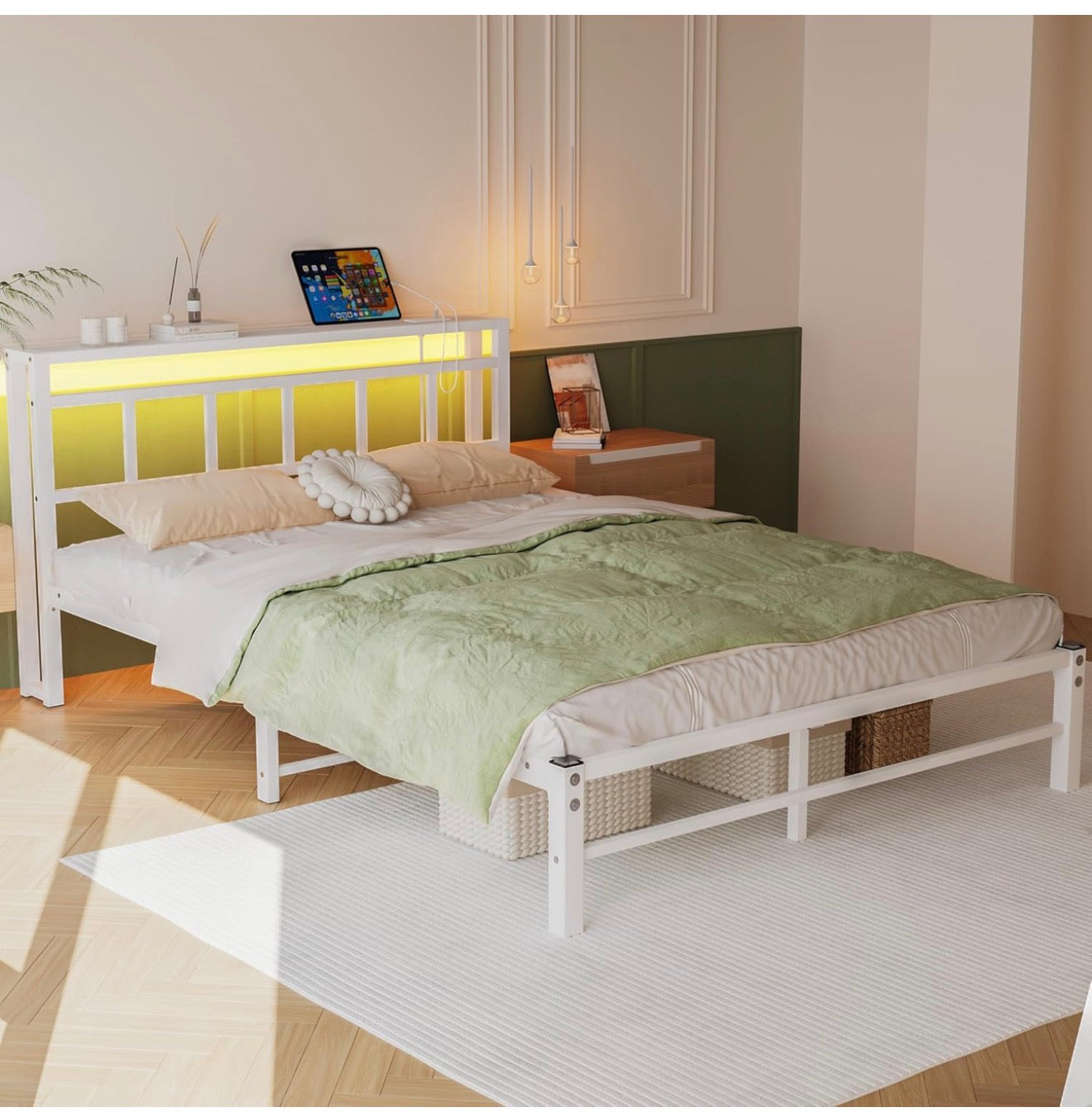 Double Bed Frame with Storage Headboard,4ft6 Bed Frame Double Bed Base with Charging Station and LED Lights