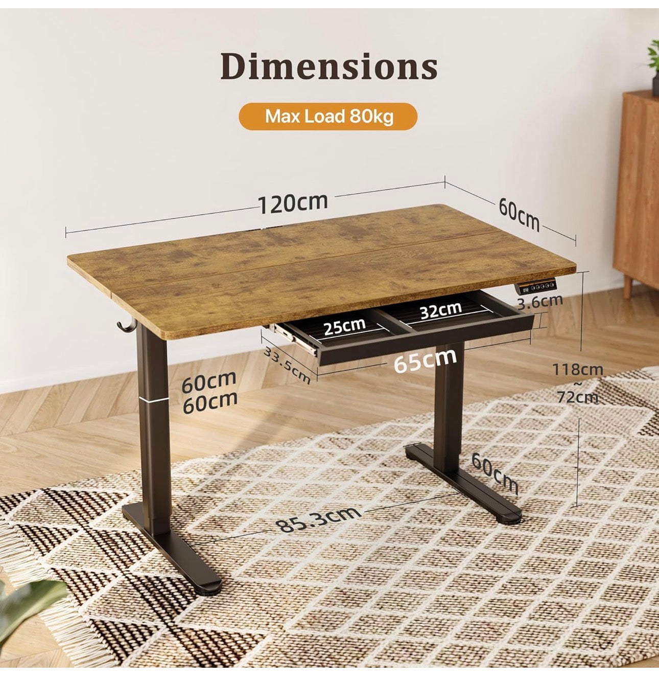 Standing Desk with Drawer Keyboard Tray, 120x60cm