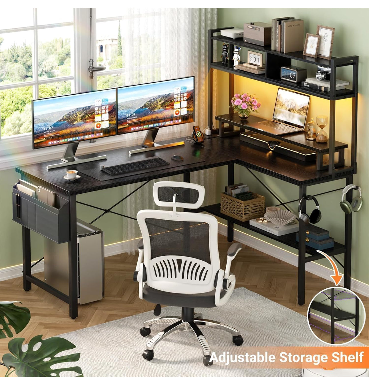 L Shaped Gaming Desk with Power Outlets & LED Lights