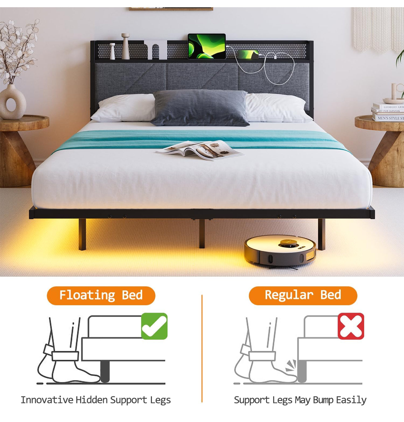 ❗️DELIVERY TIME 14-15 workimg days ❗️Floating Double Bed Frame with LED Lights &amp; USB Charging Station