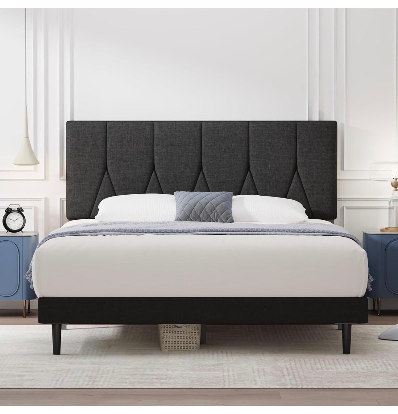 Small Double Bed Frame, Black, Upholstered Wooden Slat Bed Frame with Headboard