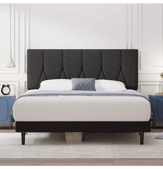Small Double Bed Frame, Black, Upholstered Wooden Slat Bed Frame with Headboard