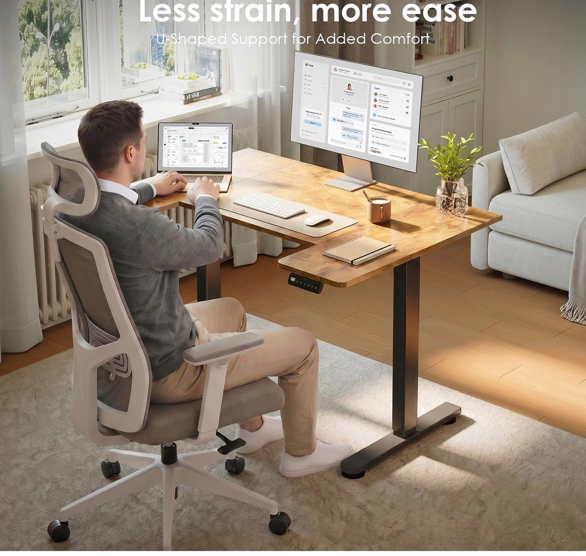 140×70cm Electric Sit Stand Desk, Ergonomic Wrap Around Computer Table, Ultra Quiet Motor for Home Office Living Room, Brown