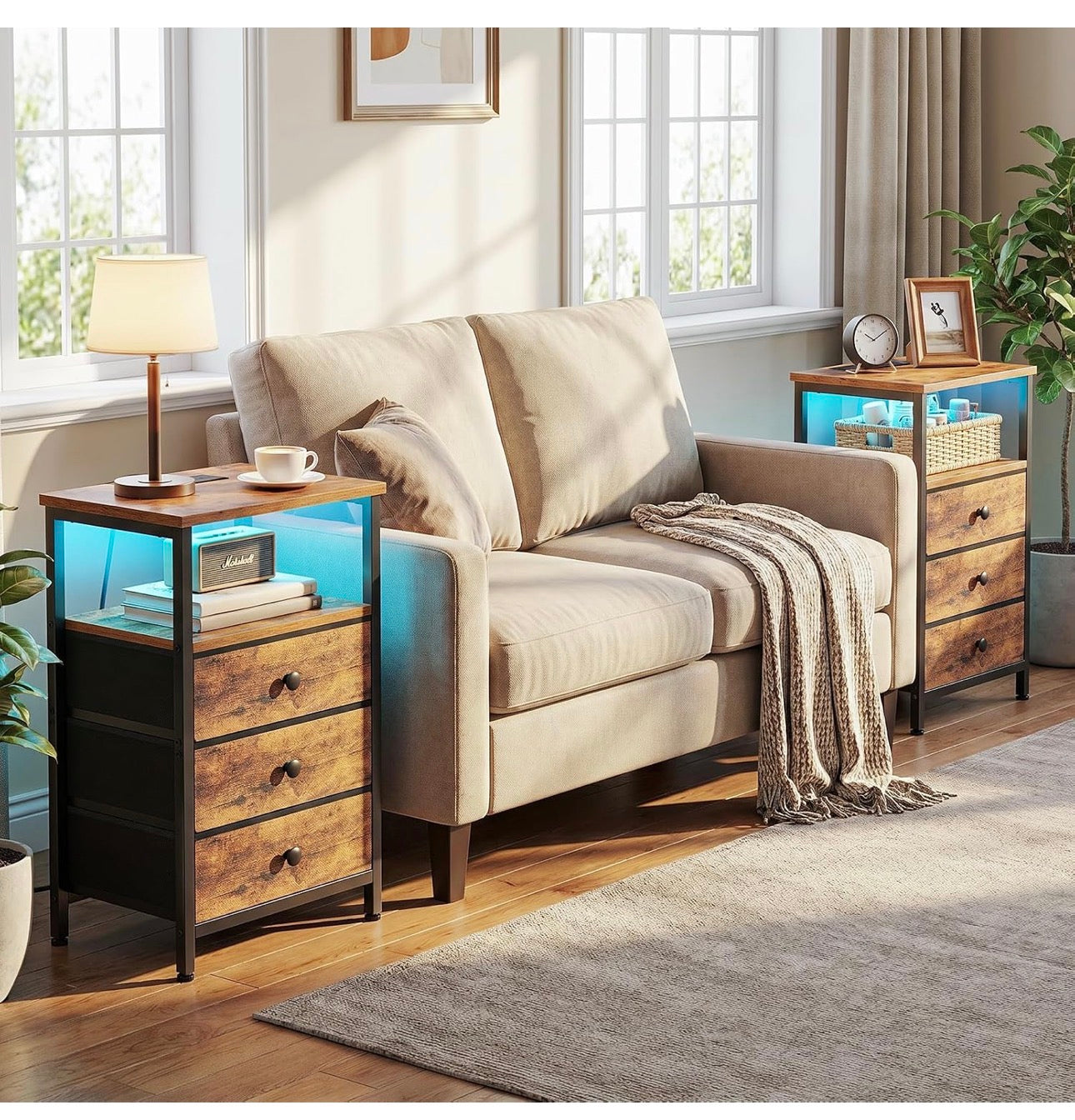 Bedside Table with Charging Station, Side Table with 3 Drawers
Bedside Cabinet with LED Light and Open Storage Shelf, Sofa Table, Night Stand for Living Room, Bedroom,Brown