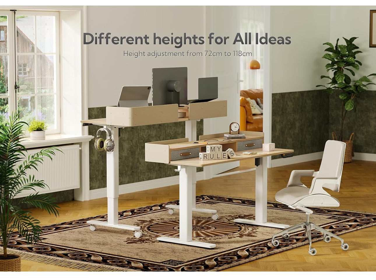Electric Standing Desk with Drawers, 120x60cm Height Adjustable