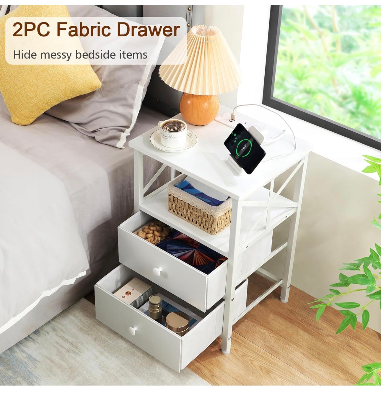 Bedside Table Set of 2, Side Table with Charging Station and Led Lights, Bedside Cabinet with 2 Fabric Storage Drawers, Sofa Side Table, Nightstand for Living Room, Bedroom, White
