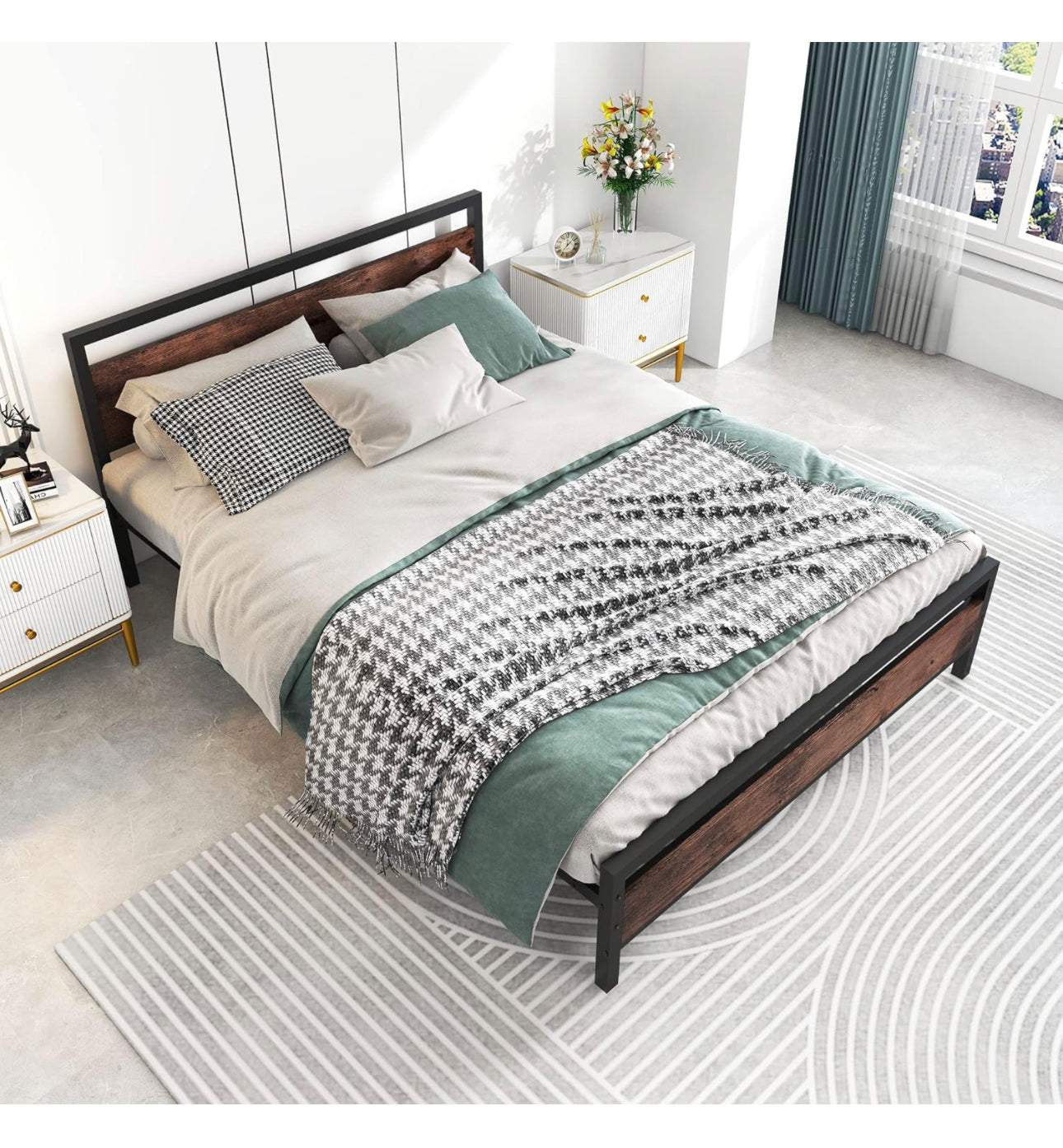 King Size Metal Platform Bed Frame with Wooden Headboard
