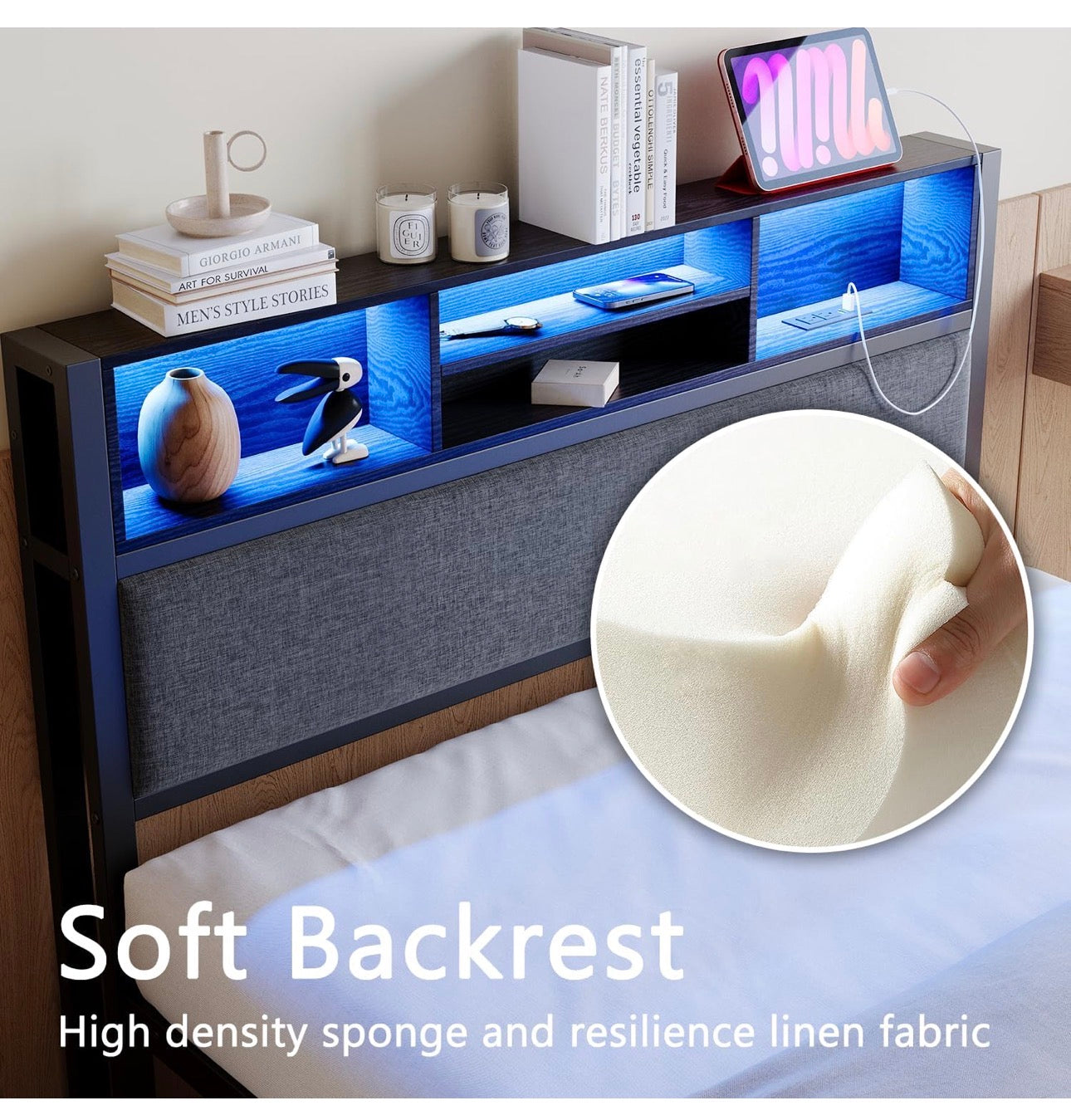4ft6 Double Size Bed Frame with Storage Shelf Upholstered Headboard