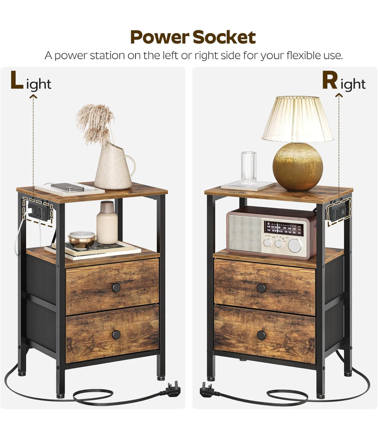 Set 2 of Bedside Table with Charging Station, Side Table with 2 USB Ports and Outlet